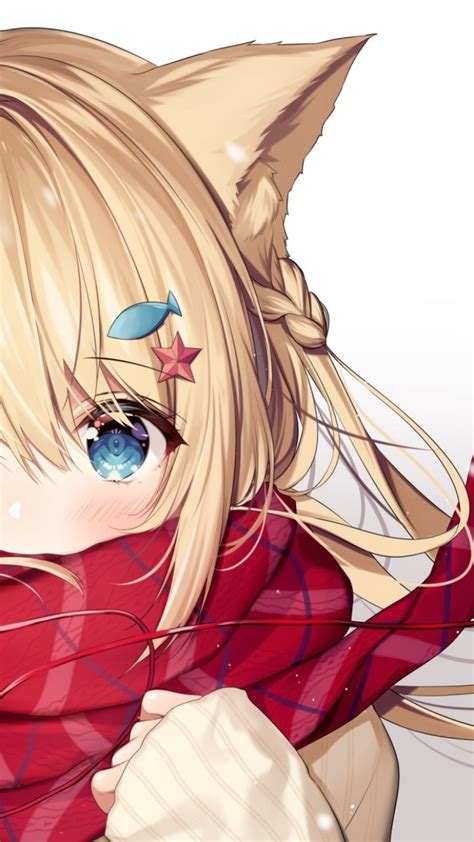 Download 720x1280 Anime Cat Girl Blonde Red Scarf