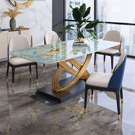 Modern Luxury Rectangular Dining Table Stone Top With Gold Stainless