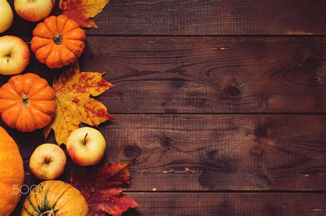 Thanksgiving Background Apples Fallen Leaves Pumpkins On Wooden