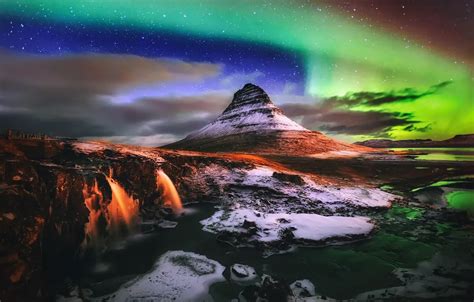 Wallpaper Light Night Northern Lights Waterfalls Iceland Mountain
