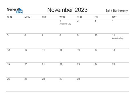 Saint Barthelemy November 2023 Calendar With Holidays