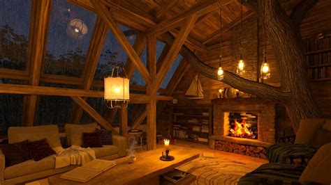 Tree House Ambience With Rain Distant Thunder And Crackling Fireplace