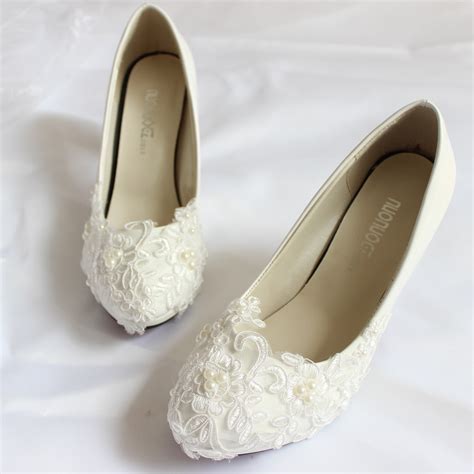 Low Heel White Lace Wedding Shoes Bridal Handmade White Bridal Footwear