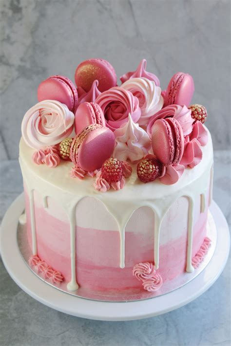 Pink Birthday Cake With Macarons Birthdayza