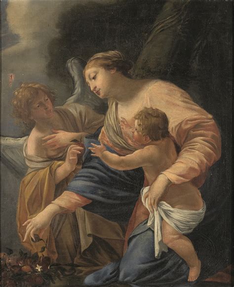 Ecole Française Xviiie Siècle Suiveur De Simon Vouet 1590 1649 Vierge à Lenfant Avec Un Ange