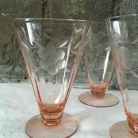 Elegant Etched Vintage Pink Depression Glass Footed Glasses Etsy