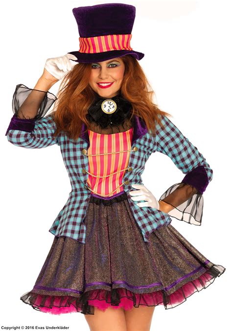 Female Mad Hatter Costume Dress Glitter Checkered Pattern