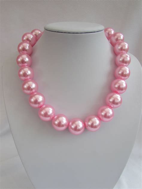 Large Mm Faux Pink Pearl Necklace By Guineverejewels On Etsy Pink Pearl Necklace Pearl