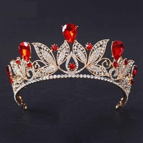 red luxury wedding tiara crown gold leaves bridal cosplay bridal hair jewelry beautiful jewelry