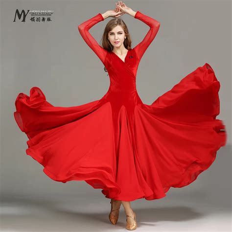 Red Ballroom Dance Costume Sexy V Neck Velvet Long Sleeves Ballroom