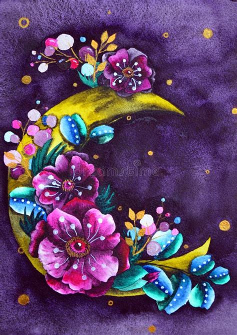 Crescent Moon With Flower Composition Trendy Bohemian Style Watercolor