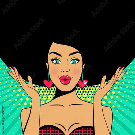 Wow Pop Art Face Sexy Surprised Sun Tanned Woman With Open Mouth And Raised Black Hair