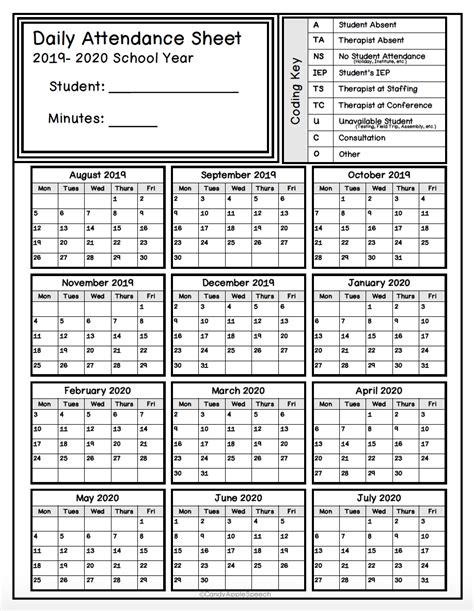 2020 Employee Attendance Calendar Free