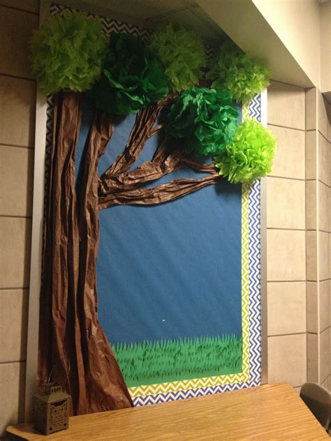 Bulletin board with photos and paper notes. Year long bulletin board. Trunk made from brown butcher ...