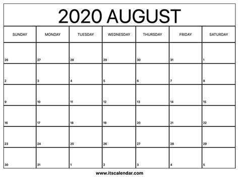 Free Printable August 2020 Calendar