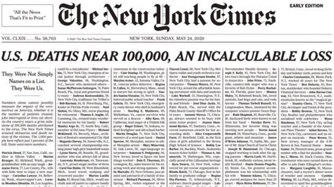 The New York Times Devotes Sunday Front Page To List Of Covid 19 Dead