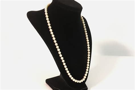 Vintage Pearl Necklace W K White Gold Clasp Long Mid Century Necklace Off White Mm