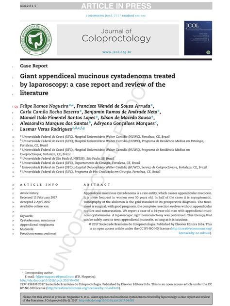 Pdf Giant Appendiceal Mucinous Cystadenoma Treated By Laparoscopy A