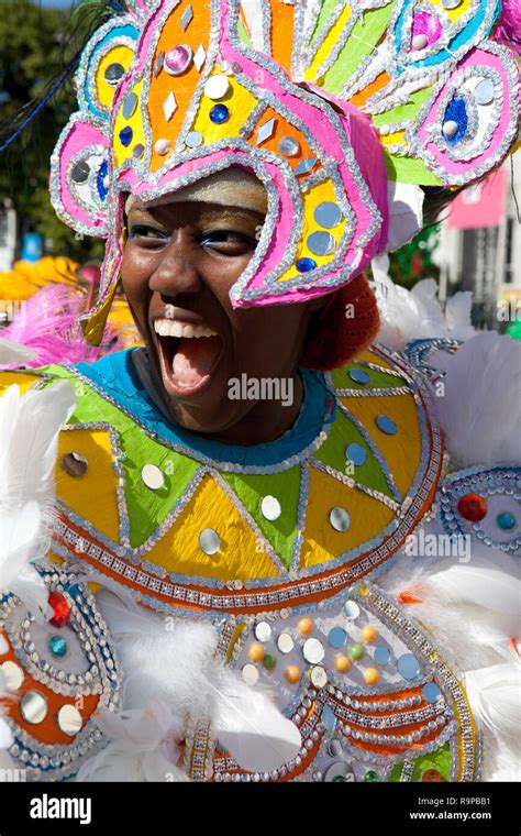 Nassau The Bahamas January 1 Smiling Female Dancer Dressed In Hugh Pink Headress Dances In