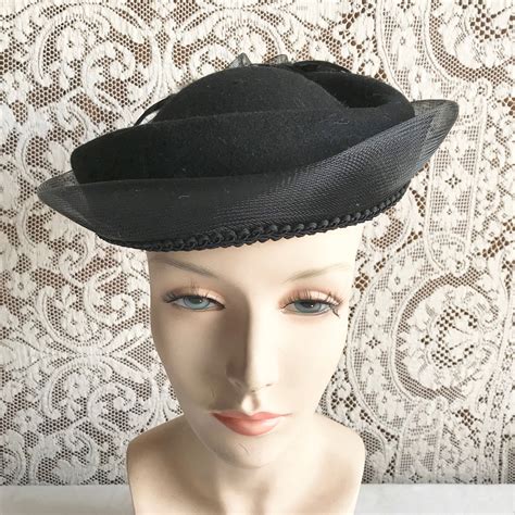 Vintage 1960s Black Upturned Brim Hat With Netting And Feathers By