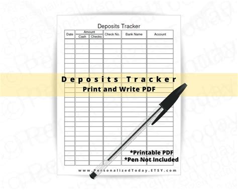 Deposits Bank Account Tracker Fillable And Print And Write Pdf Etsy