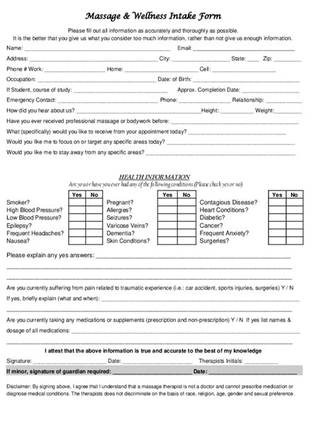 Fillable Online Free 5 Massage Intake Forms In Pdfmassage Client Intake Formamtafree 5 Massage