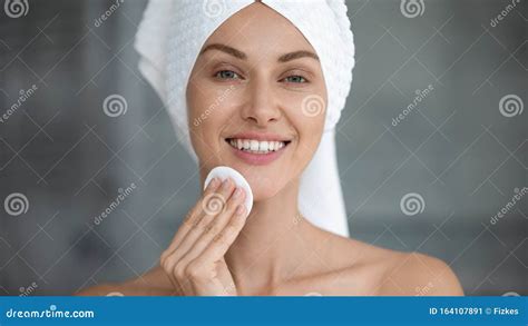 Smiling Beautiful Woman Hold Cotton Pad Cleansing Face Skin Stock Image