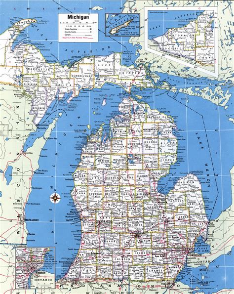 Large detailed administrative map of Michigan state with roads and ...