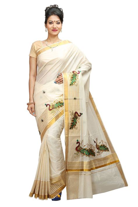 Jisb Stripe Zari Peacock Embroidered Kerala Kasavu Saree With Running Blouse Kerala Kasavu