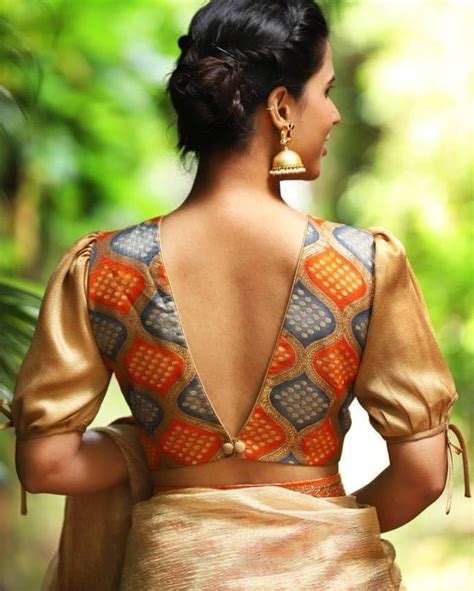 Deep V Shape Single Button Plain Silk Blouse Back Design Saree Blouse