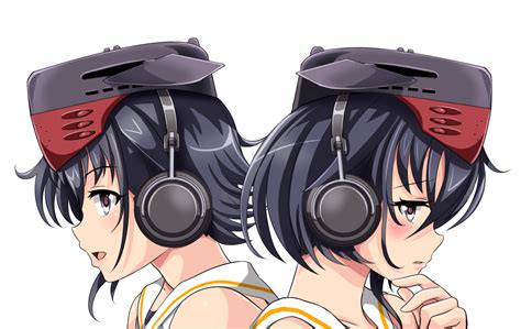 2girls Anthropomorphism Blackhair Blush Browneyes Hat Headphones I 13