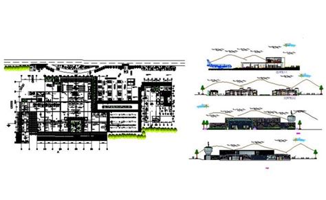 Airport Building Elevation Section And Floor Plan Cad Drawing Details