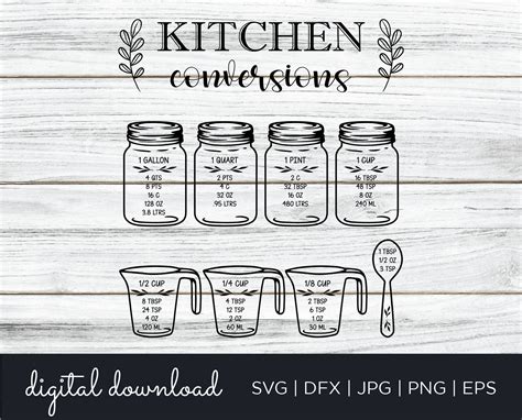 Kitchen Conversions Chart Svg Cutting File Printable Cheat Etsy Canada