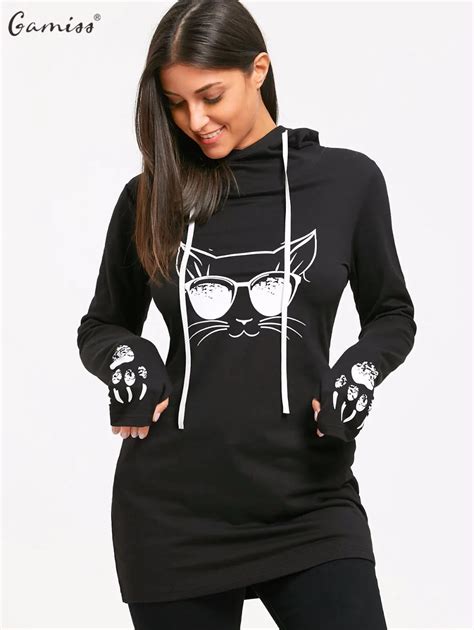 Wipalo Cartoon Cat Print Drawstring Tunic Long Hoodies Long Sleeve