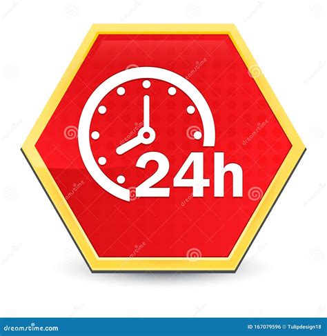 24 Hours Clock Icon Abstract Red Hexagon Button Bright Yellow Frame