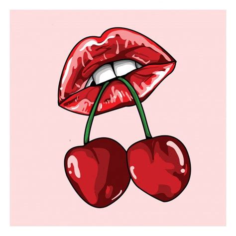 Premium Vector Lips Bitting Cherry Hand Drawn Illustration Cherry