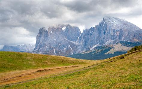 Landscape With Dolomite Rocky Peaks At The Valley Of Alpe Di Siusi