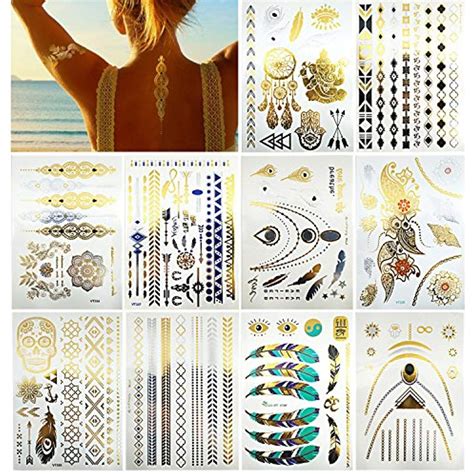 premium metallic tattoos 150 shimmer designs in gold silver black and turquoise temporary