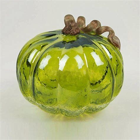Glitzhome 7.09" Handblown Green Crackle Glass Pumpkin with Golden Stem