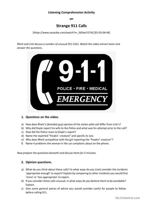 Strange 911 Calls Listening Compre English Esl Worksheets Pdf And Doc