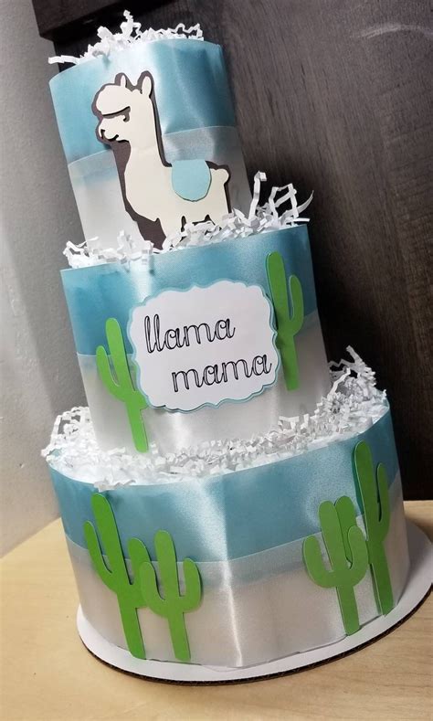 3 Tier Diaper Cake - Llama Mama Theme Blue and Ivory - Cactus Theme