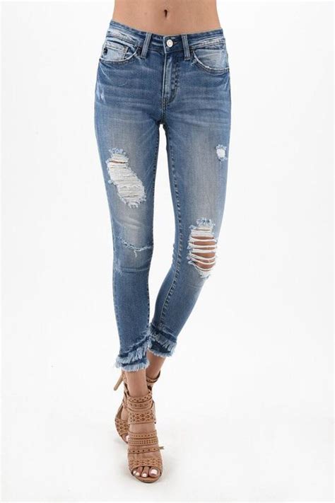 Distressed Raw Hem Skinny Jean Features Layered Raw Hem Ankle Length