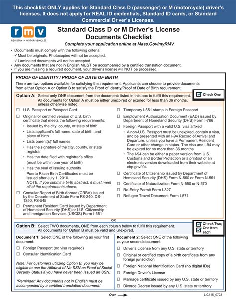 Mass Rmv Standard Drivers License Acceptable Id Checklist Forms