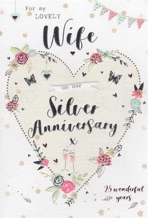 Icg Wife Silver 25th Wedding Anniversary Card Heart Glasses And Roses