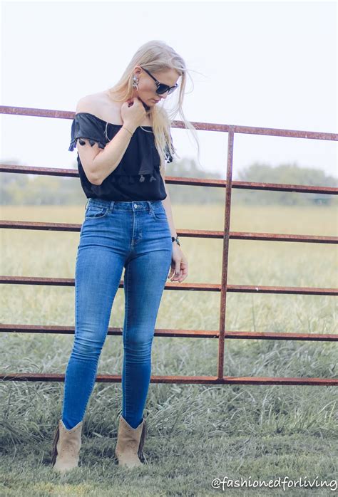 Your cowboy boots are going to be social wear rather than business (unless you're a texan), so plan to wear them with relaxed jackets. Fashioned For Living: off the should tassel top with ...