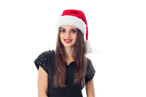 attractive brunette girl in santa hat stock image image of celebration christmas 80308147