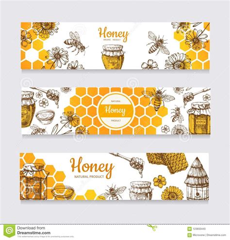 Honey Banners Vintage Hand Drawn Bee And Honeyed Flower Honeycomb And