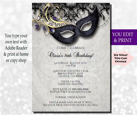 Invitations Masquerade Invite Template Digital Instant Download