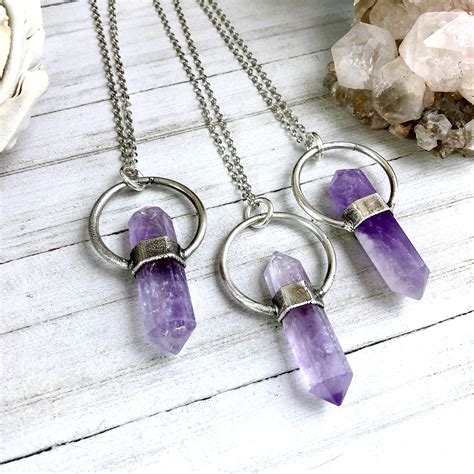Purple Amethyst Crystal Necklace In Silver