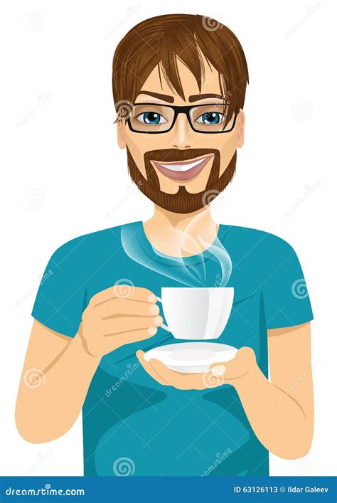 Ung Man Som Dricker Varmt Kaffe Eller Te Vektor Illustrationer
